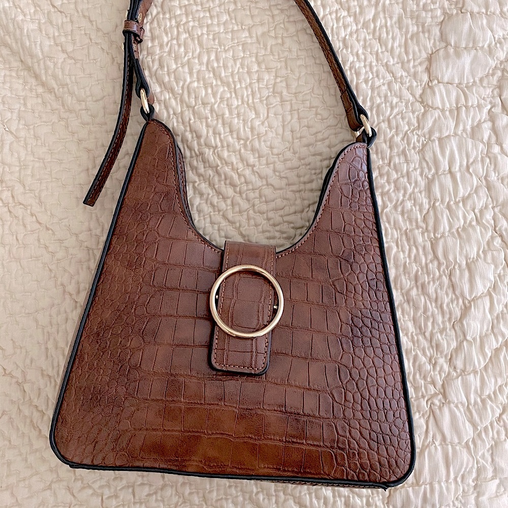 Mango | brown faux croc shoulder structured bag ; new, unworn